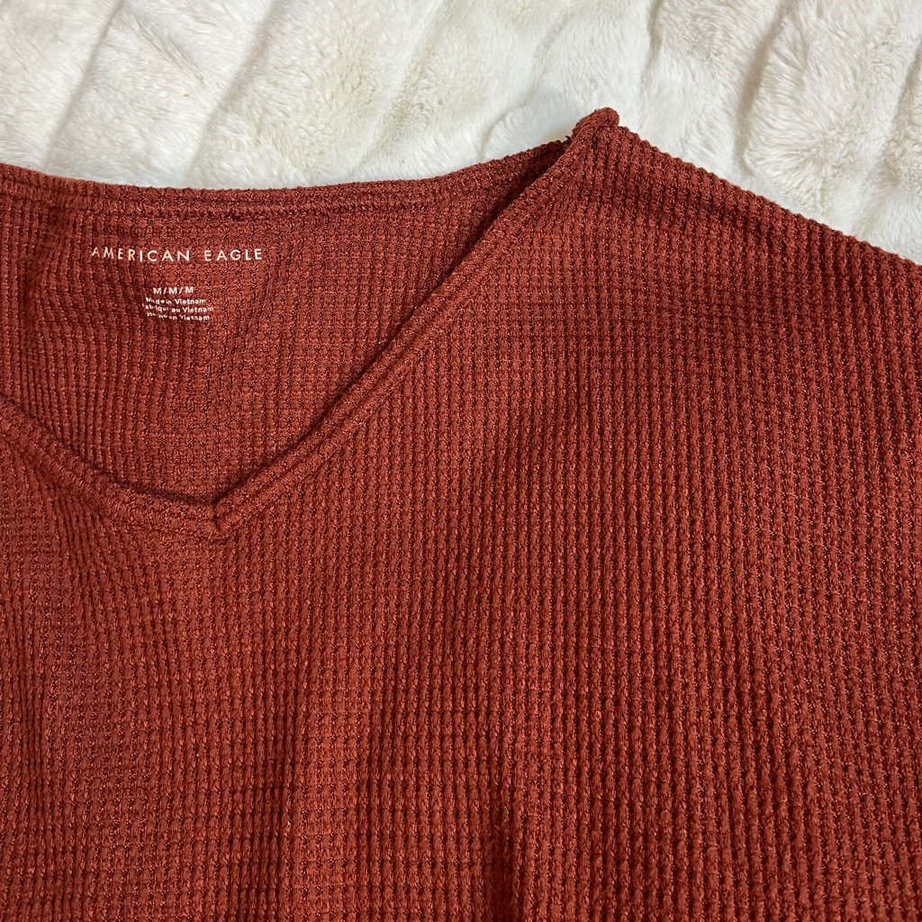 American Eagle M Oversized Loose Lounge Fall Winter Rust Red Brown Waffle Tee